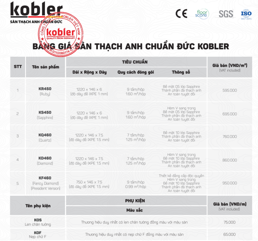 Bảng giá sàn thạch anh Kobler chuẩn Đức mới nhất